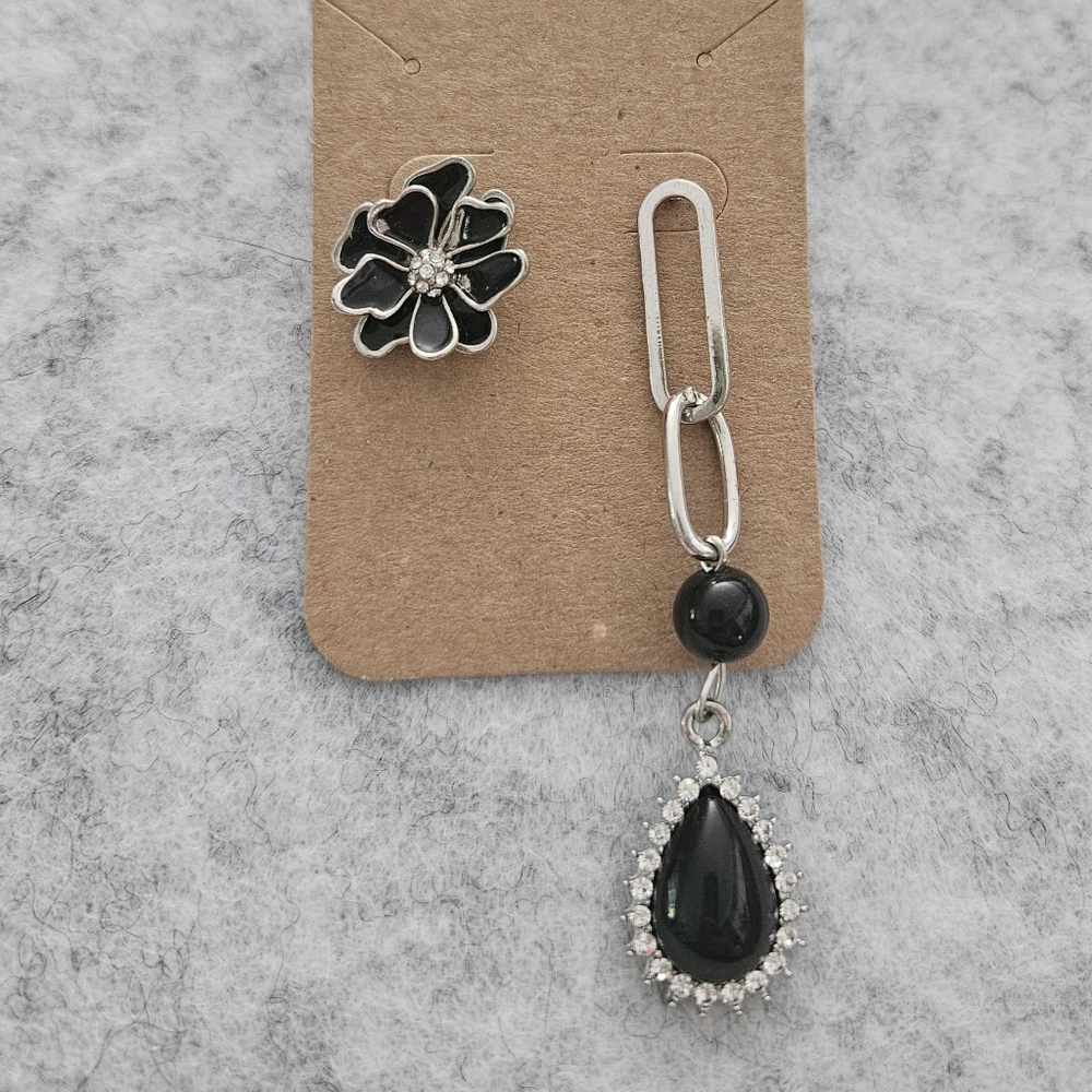 Asymmetrical Black & Silver Tone Rhinestone Earrings Set‎